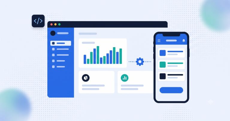 Illustration of a web dashboard and mobile app connected together, representing custom software development