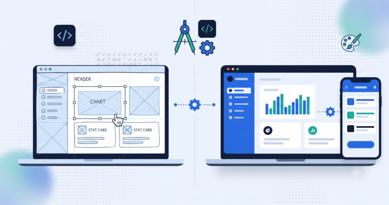 Illustration of a website wireframe turning into a finished responsive design shown on a laptop and phone