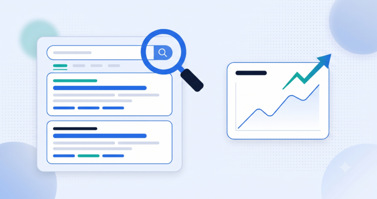 Illustration of a search results page with a rising ranking arrow, a magnifying glass, and a simple analytics graph