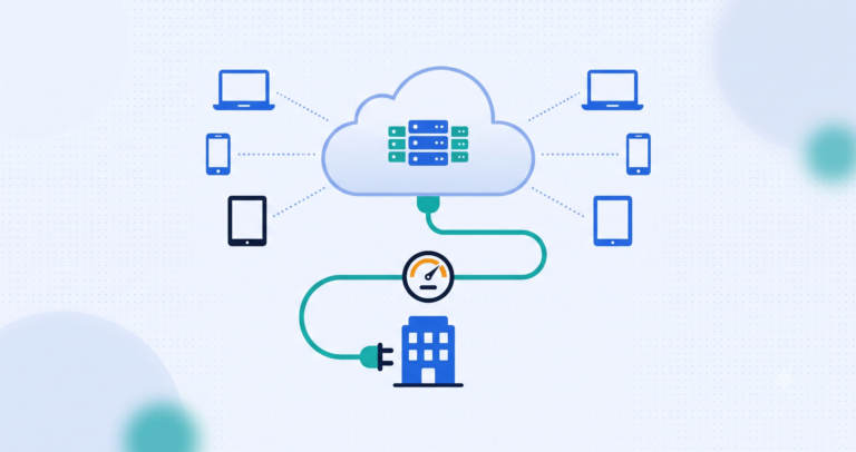 Illustration of an office building connected by a cable to a cloud icon containing server shapes, with a usage meter and multiple devices also connected