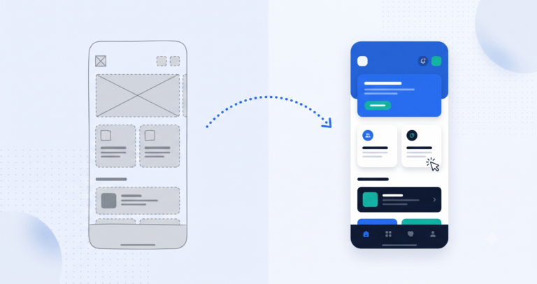 Illustration of a wireframe sketch turning into a polished user interface screen with a clickable prototype