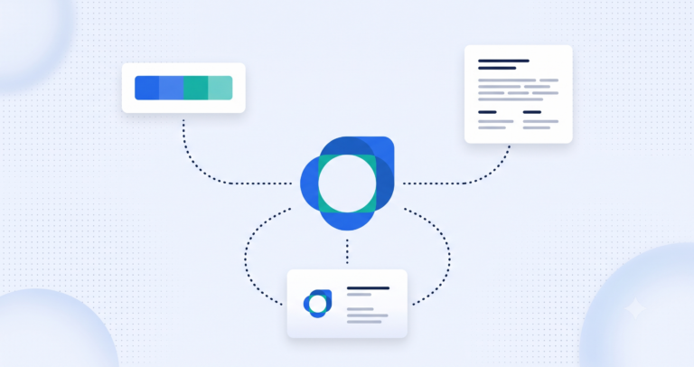 Illustration of a logo mark surrounded by a color palette, typography samples, and an application on a business card