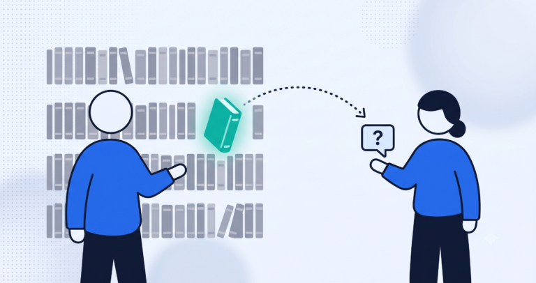 Illustration of a librarian figure retrieving one glowing book from a wall of books to answer a visitor's question