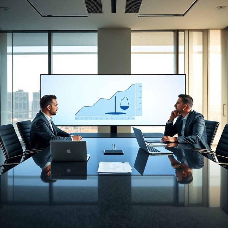 A balanced scale icon with a code bracket on one side and a growth chart arrow on the other, symbolizing the balance between custom software investment and business returns